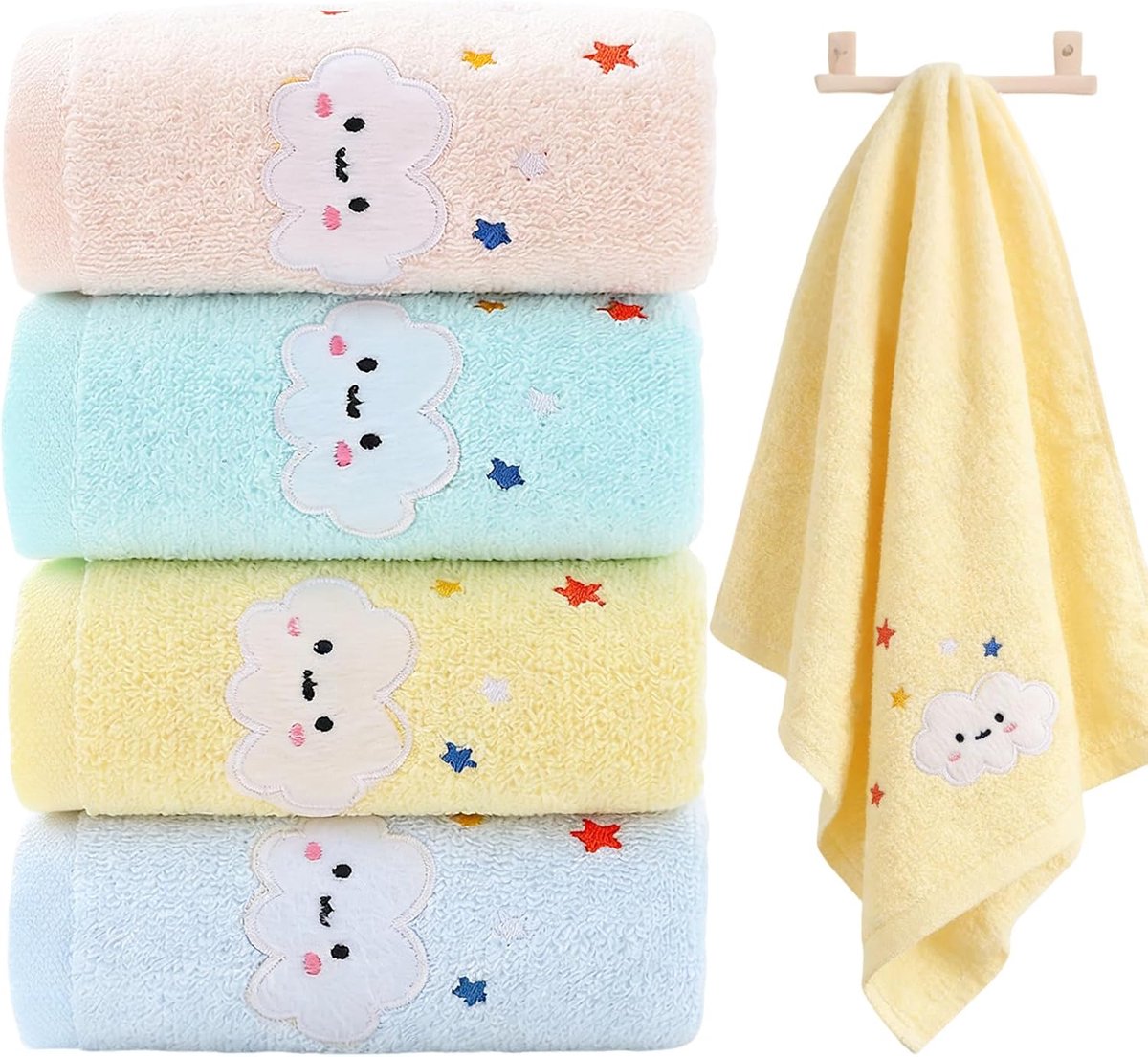 SnelShoppen - Set van 4 Kinderhanddoeken, Cartoon Baby Handdoeken voor Gezicht, Handen, Voeten, Douche, 25 x 50 cm, Zacht Koraalfleece