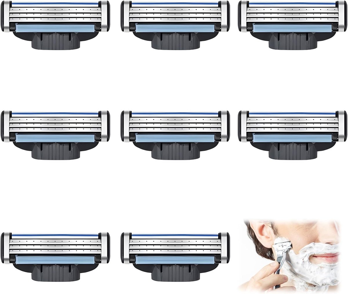 SnelShoppen - 8 Pcs Scheermesjes Vervangingen, Professionele 3-Laags Stalen Scheermesjes voor Handmatige Scheerapparaten voor Mannen, Universele Schee