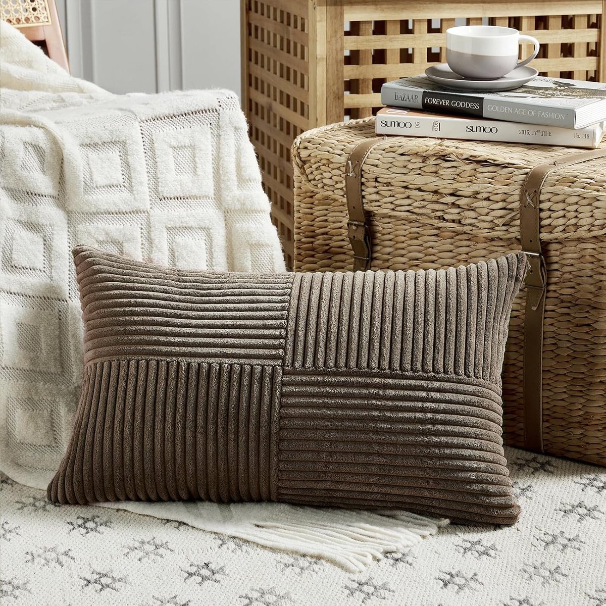 SnelShoppen - Corduroy Kussenhoezen Donkerbruin 40 x 60 cm Modern Zacht Met Kruispatroon Decoratieve Kussenslopen Met Verborgen Rits Voor Bank Slaapka