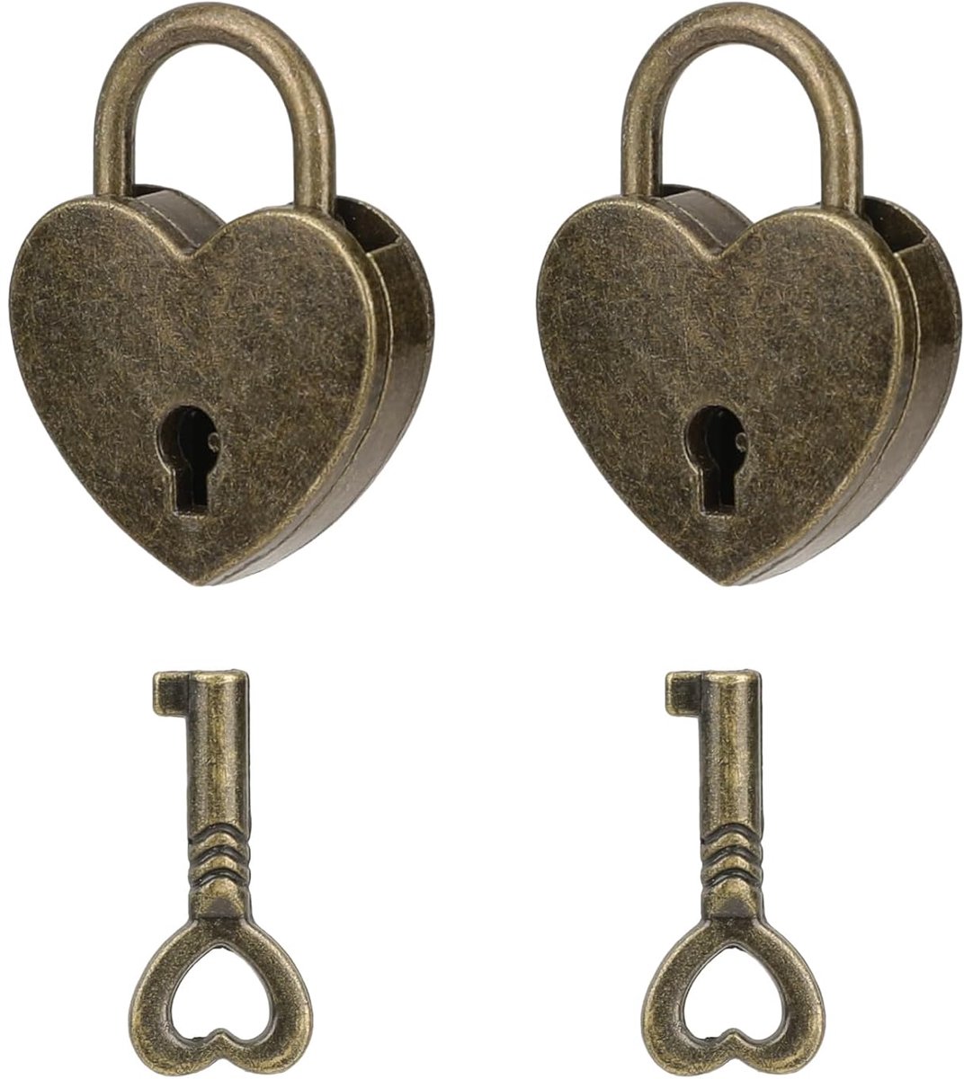 SnelShoppen - 2 Mini Bronzen Antieke Hartvormige Hangsloten met Sleutel - Vintage Metalen Hartvormige Hangsloten voor Dagboek, Juwelendoos, Opbergdoos