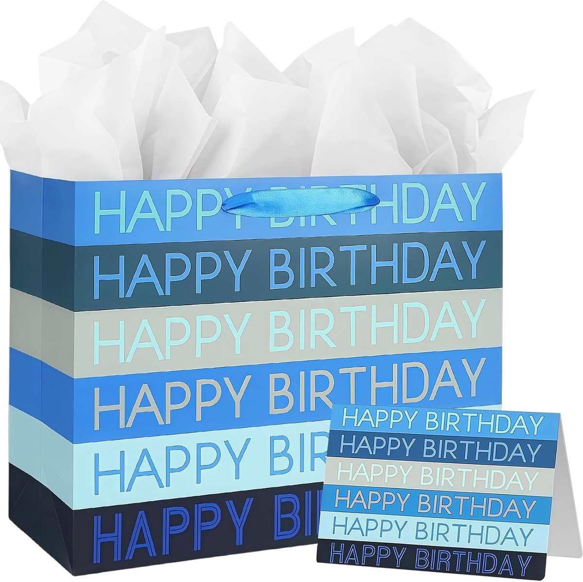 SnelShoppen - Luxe Cadeauzak Groot 33cm x 12cm x 26cm met Blauwe Strepen, Inclusief Wenskaart en Tissuepapier, Perfect voor Verjaardagen, Feesten en C