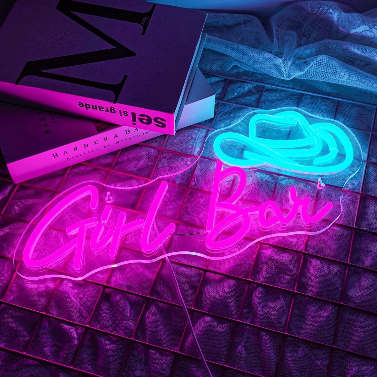 SnelShoppen - Neon Cowboy Hoed LED Sign voor Meisjes - Persoonlijke Barverlichting - Roze en Blauw Neon Wanddecoratie voor Feest, Café, Slaapkamer