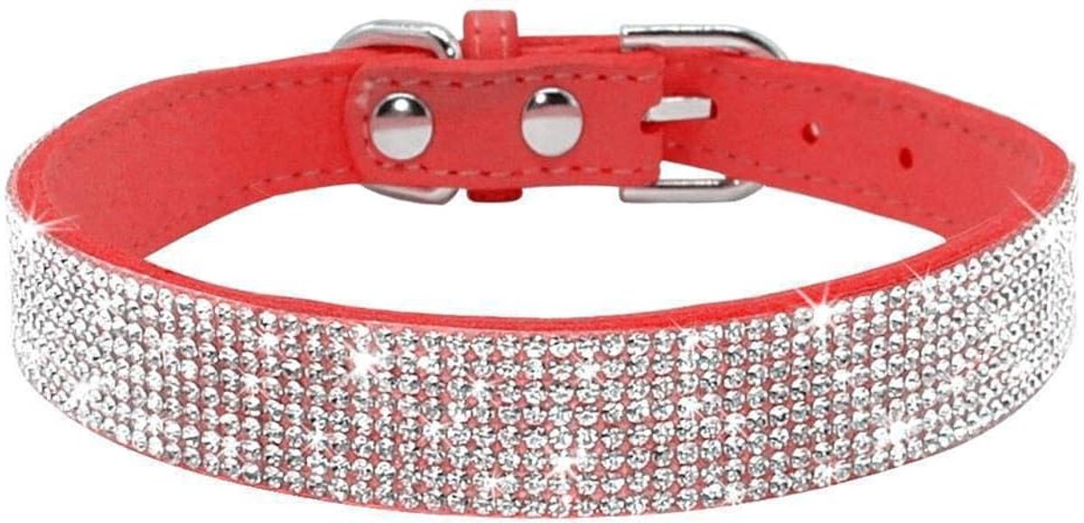 SnelShoppen - Rhinestone Hondenhalsband - Schattige Zachte Suède Leren Honden- en Kattenhalsband met Kristallen Diamanten - Verstelbaar (XS, Rood)