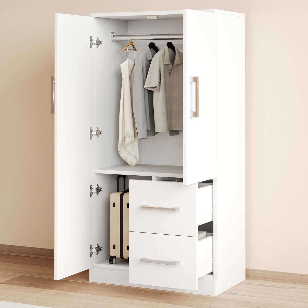 COVREO Kledingkast 70 x 40 x 135 cm – wit, 2 lades, dubbele deuren en hanggedeelte