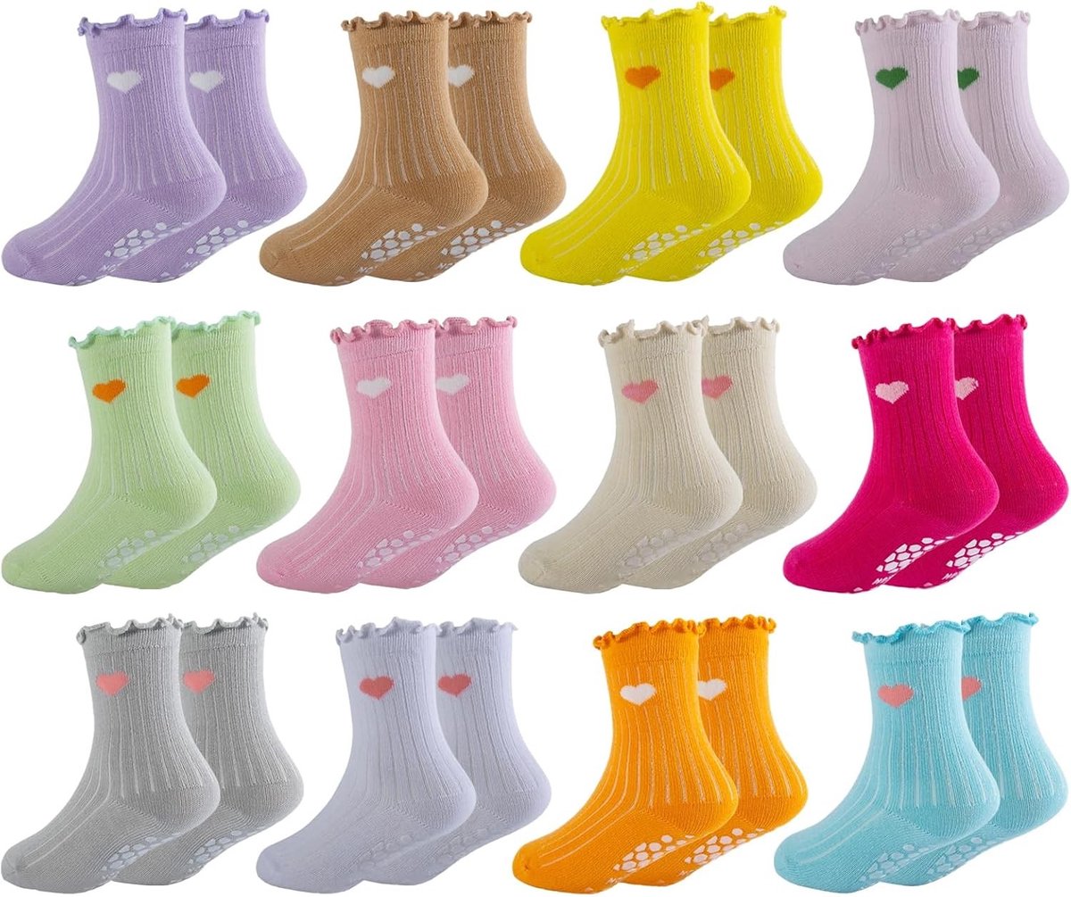 12 paar antislip babysokken met ruches en hartjes voor meisjes, katoen, geschikt voor 1-8 jaar