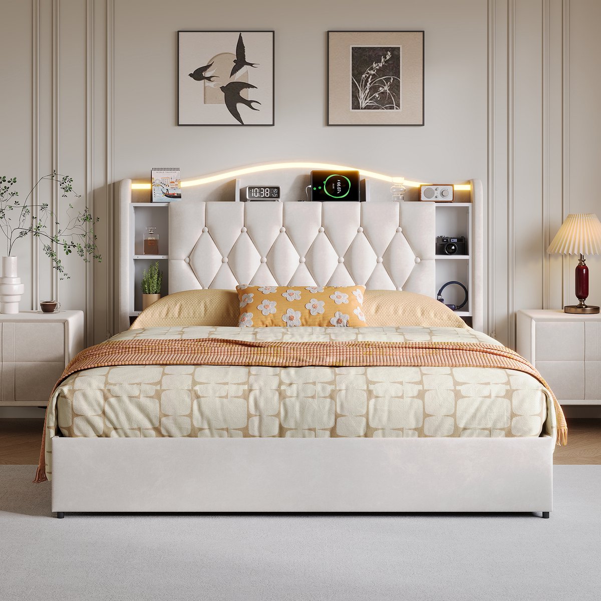 Opbergbed 160x200 Beige Velvet met LED, USB & Draadloos Opladen