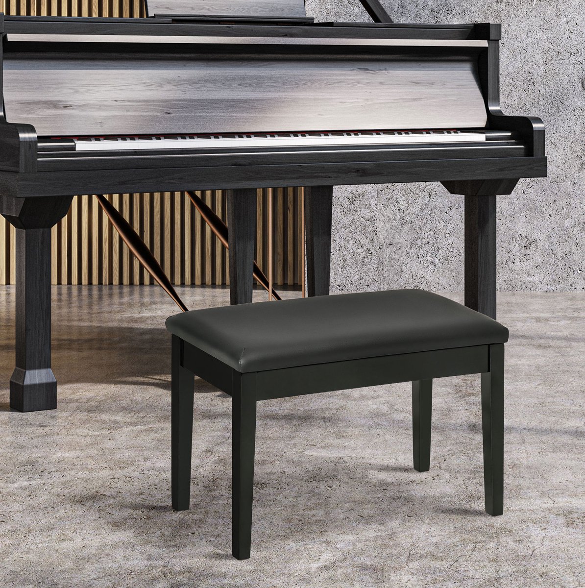 COVREO Pianobank 75x35x49 cm - zwart, kunstleren zitkussen, met opbergruimte