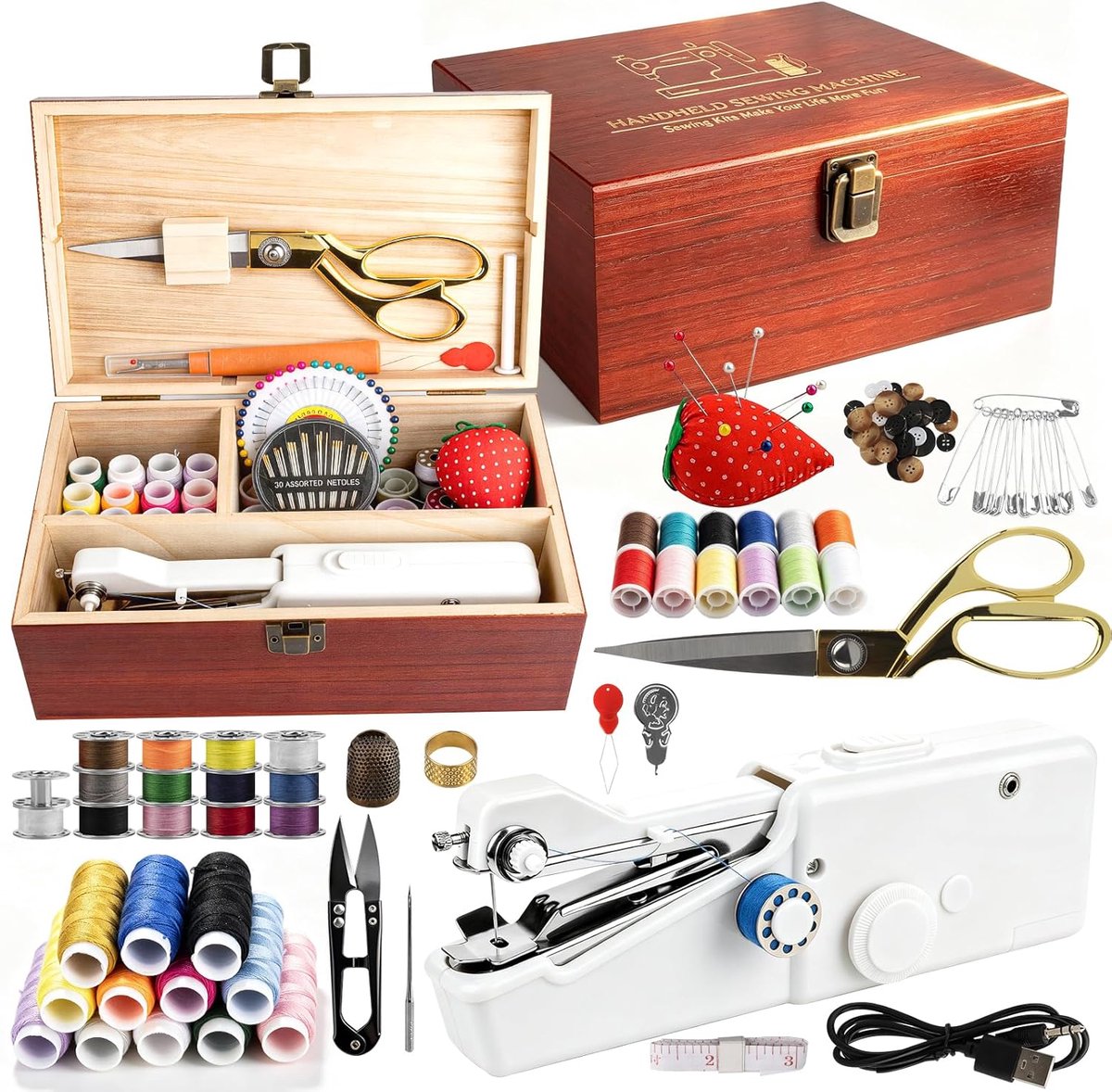SnelShoppen - Mini Handnaaimachine Set, 120-delige Elektrische Naaimachine voor Beginners en Kinderen, Inclusief Houten Organizer, Kleurige Garenrolle