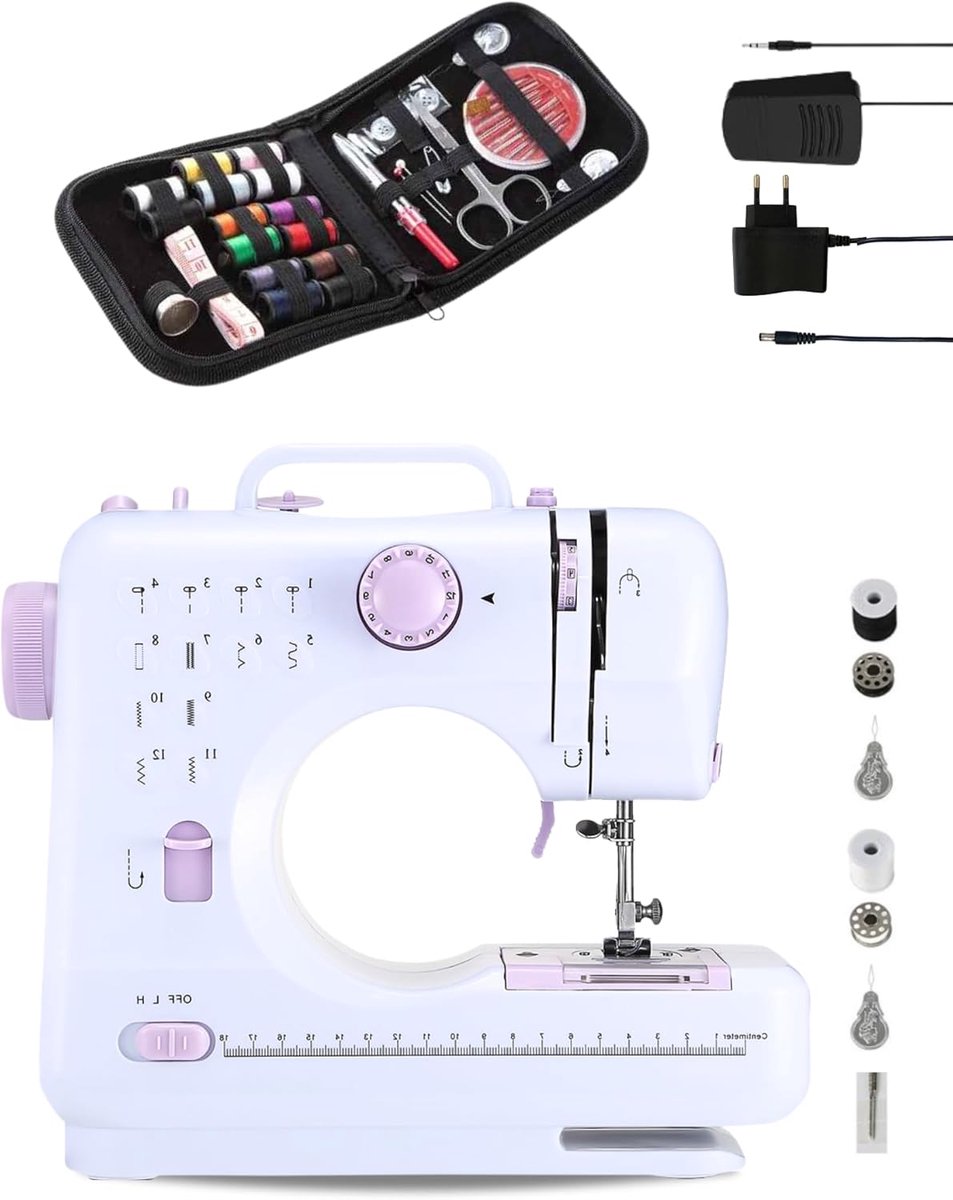 SnelShoppen - Draagbare Naaimachine met 2 Snelheden, 12 Steken, Mini Naaikit, Voetpedaal, 2 Spoelen, Reserve Naald, Draadknipper en Werklicht