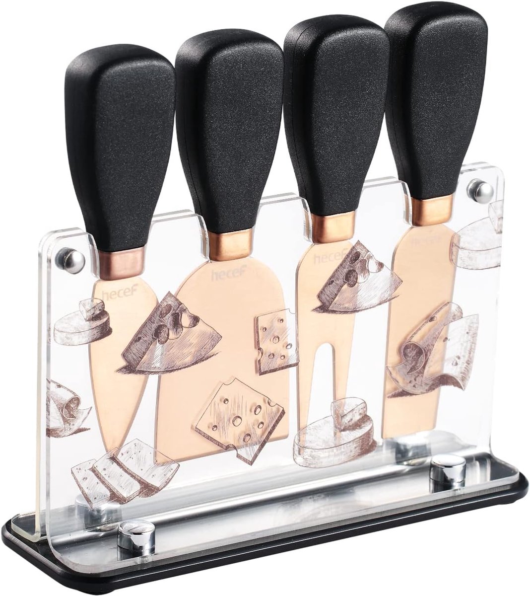 SnelShoppen - 5-delige Kaasmes Set met Kaasvork, Roze Gouden Staal, Acryl Stand, Perfect voor Feesten, Barbecue en Wijnproeverijen