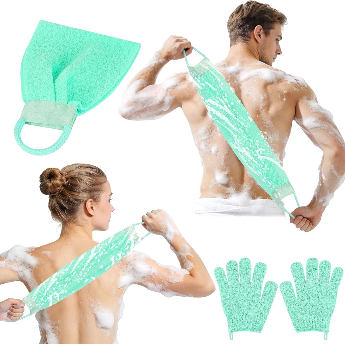 SnelShoppen - Peeling Glove Back Rubber Set - Scrub Handschoen + Bamboevezel Scrub Spons - Dode Huid Verwijderaar - Groene Douche Set voor Het Lichaam
