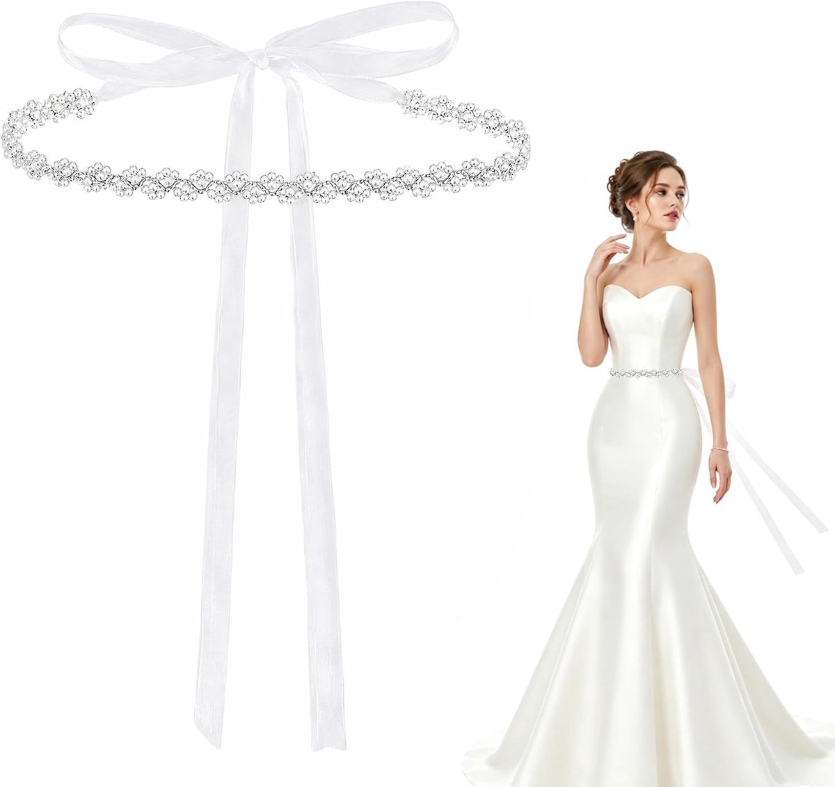 Elegante witte trouwriem van parels en organza, 245 cm, perfect voor bruiden, feesten en fotoshoots