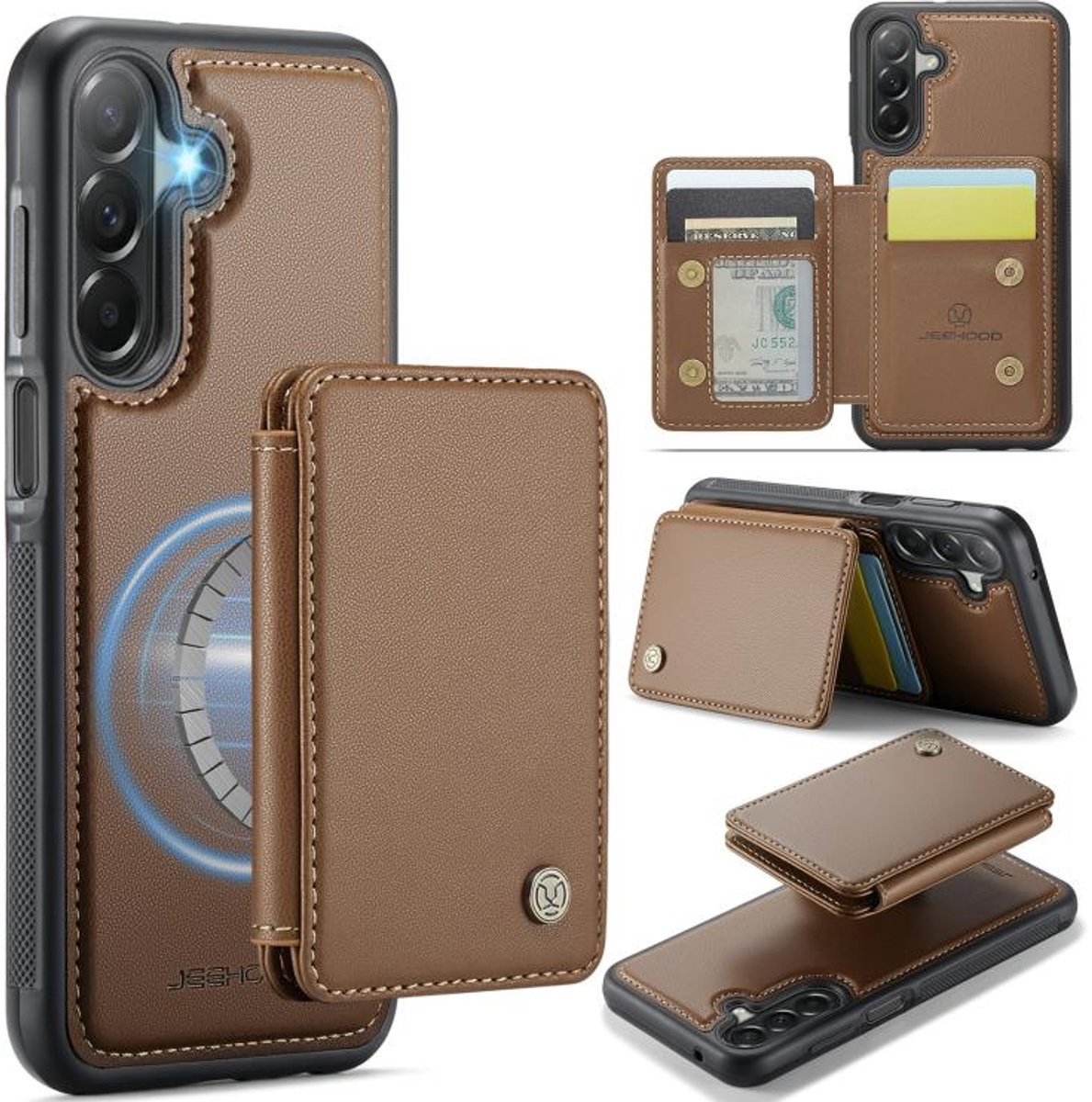 Telefoonhoesje geschikt voor de Samsung Galaxy A27 5G - Silicone TPU en kunst leer - bruin back cover hoesje case met pasjeshouder - 4 pasjes afneembaar - MagSafe functie