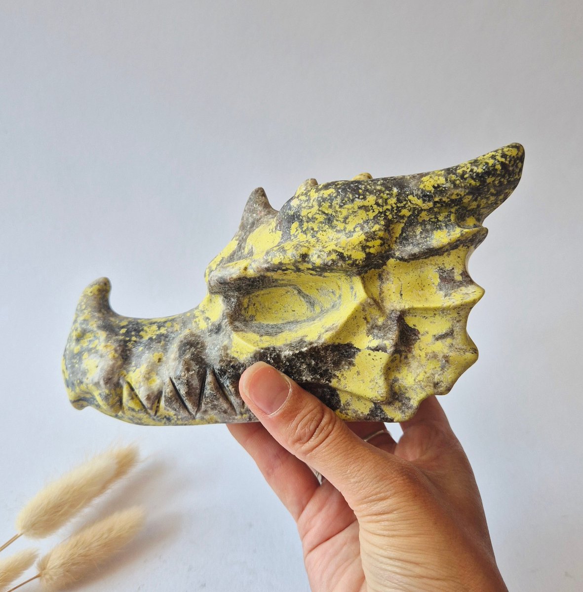 XXL Unieke Serpentijn Edelsteen Drakenschedel 1150g – 17 cm