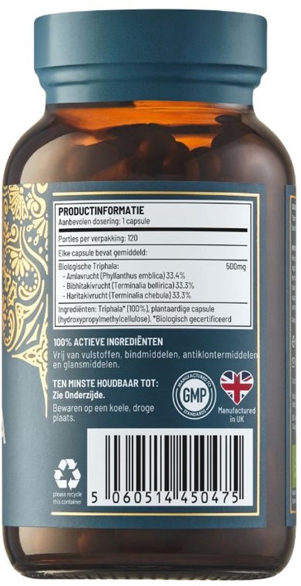 Achterkant fles, productinformatie, 100% actieve ingrediënten, biologisch gecertificeerd, vervaardigd in VK.