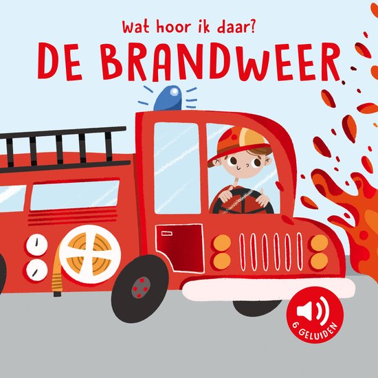 Rode brandweerauto met brandweerman en vlammen. De tekst 'DE BRANDWEER' staat er in rode letters.