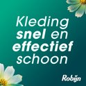 Tekst 'Kleding snel en effectief schoon' met bloemen in de hoeken.