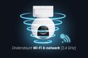 Witte beveiligingscamera met neonblauwe cirkels en tekst 'Ondersteunt Wi-Fi 6-netwerk (2,4 GHz)'.