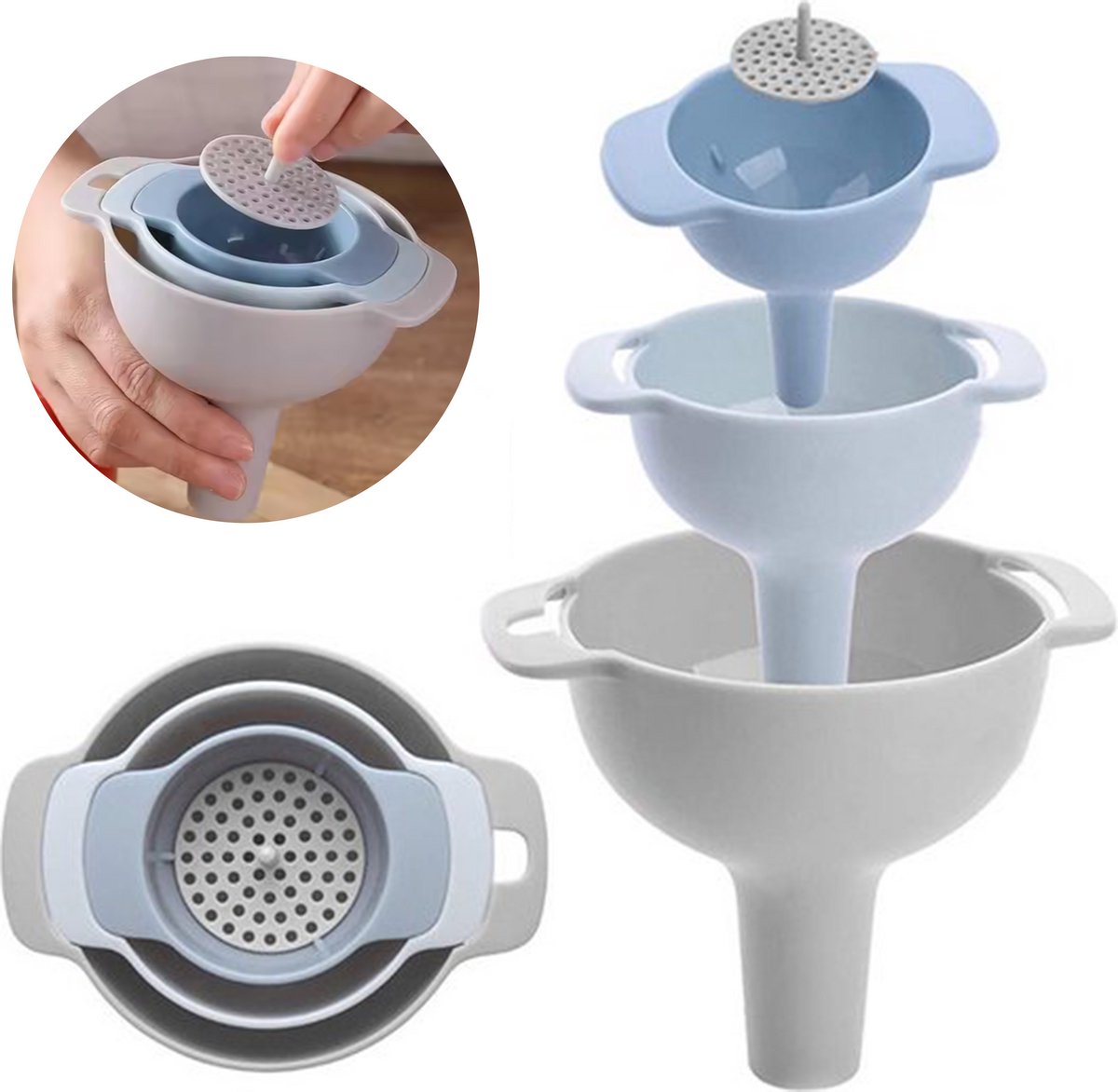 Trechters set 3-delig met Filter - Keukengerei - Set -Trechter Keuken - Zeef – Plastic - Klein Middel Groot – Keukenaccessoires