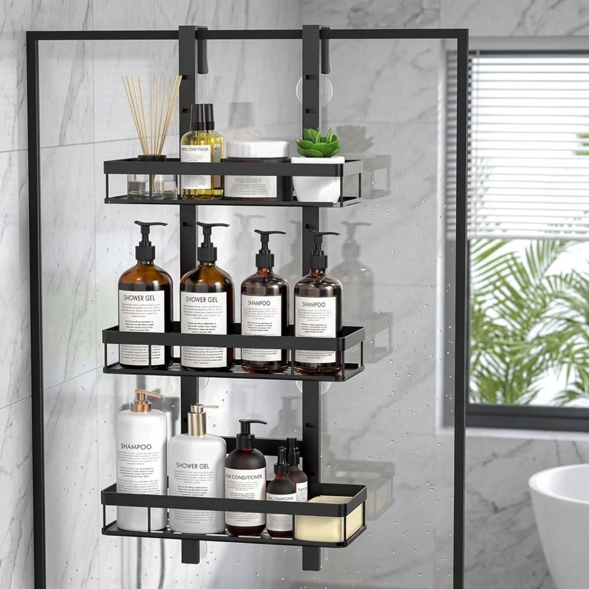 Fokelyi - Douche Organizer - Zonder boren - Badkamerrek - Doucheplank voor Glazen Douchedeur - 3-Laags - Hangend / Hangende - RVS - Badkamer Ophangsysteem Max 10kg - Zwart