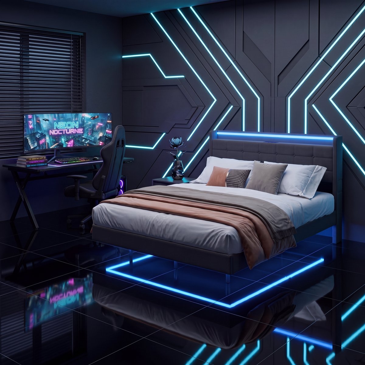 Bealife BF30 Tweepersoonsbed - 140 x 200 cm - Gestoffeerd bed - Jongerenbed - Zwevend Design - met LED-verlichting - Stopcontacten, USB & Type-C - Hoofdbord met Opbergruimte - Donkergrijs