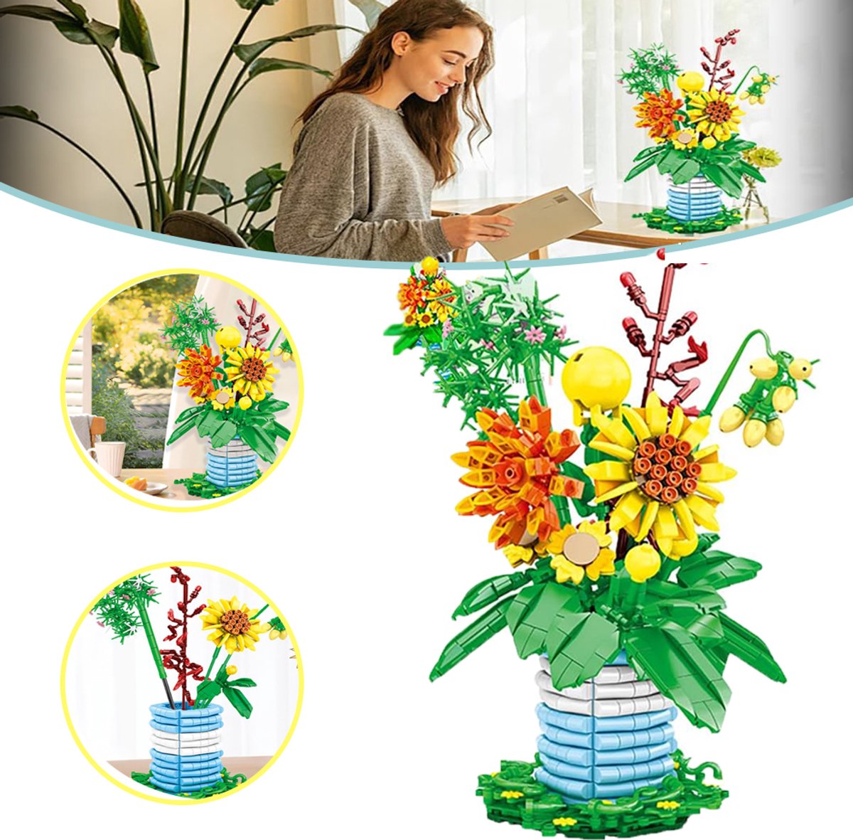 962-Delige Zonnebloem Bouwset Met Vaas - Realistische Eeuwigdurende Bloemen Eenvoudig in Elkaar Te Zetten - Creatief STEM-Speelgoed Ideaal Voor Verjaardagen Moederdag En Jubilea