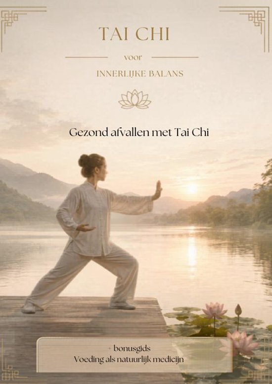 Vrouw in Tai Chi-houding op een houten pier bij zonsondergang. Tekst: Tai Chi voor innerlijke balans, Gezond afvallen met Tai Chi.