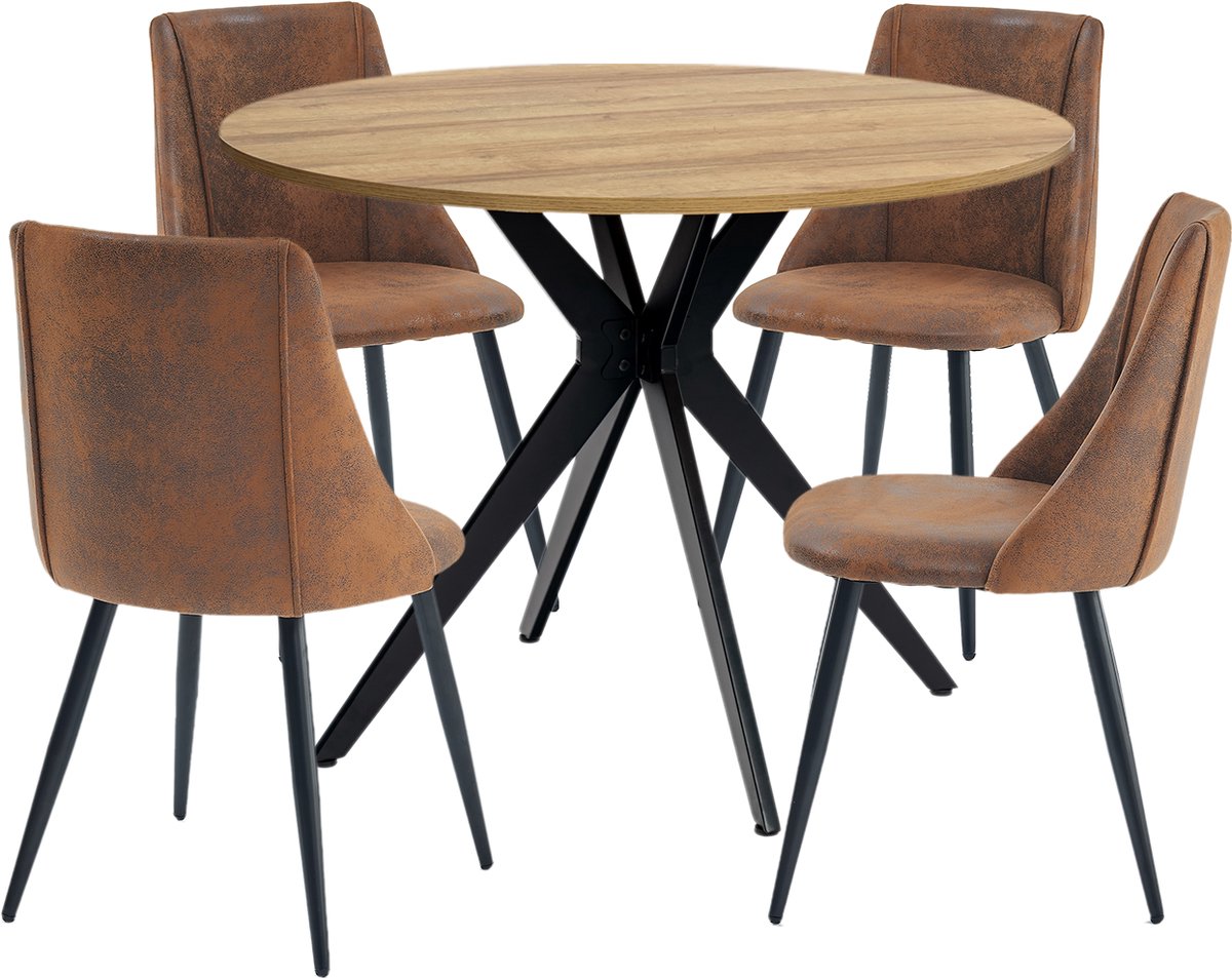 Eethoek - Ronde Eikenlook Tafel Met 4 Retro Suède-look Stoelen - Bruin