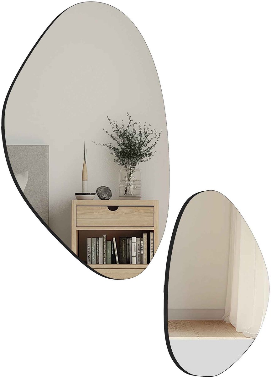 Casa Living Wandspiegel - Set van 2 - Decoratieve Spiegels - Organische Kiezelvorm - Metalen Frame - HD Spiegelglas Zwart