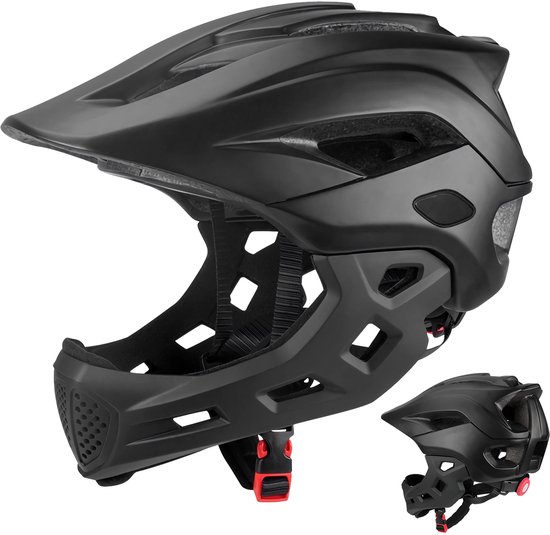 Zwarte helm met afneembare kinband en rode verstelknop. Extra helm op kleinere schaal rechtsonder.