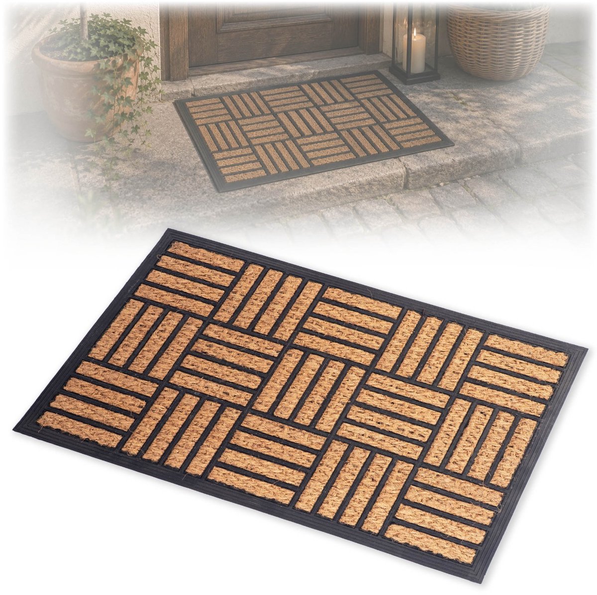 KADAX kokosmat 40 x 60 cm, rechthoekige deurmat van kokos en rubber, antislip deurmat voor buiten, vuilvangmat met rubberen onderkant bruin, zwart
