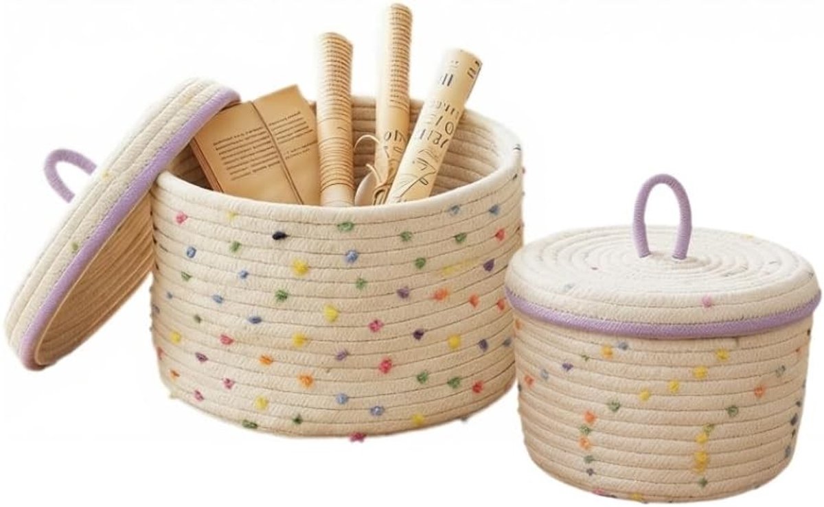 Ronde opbergmanden van katoenen touw met deksel, 2 stuks, ideaal voor woonkamer en badkamer, 17/20 cm, gevlochten design