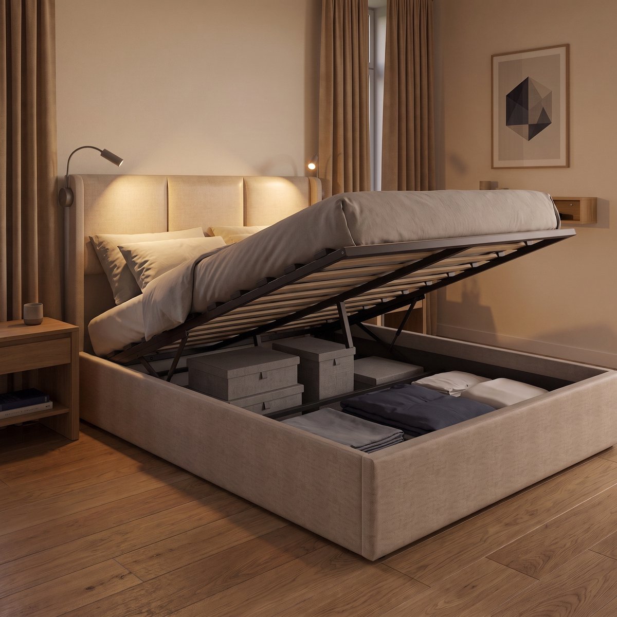 Gestoffeerd Opbergbed 160x200 cm - Tweepersoonsbed met leeslampjes en USB - Hydraulisch opbergruimte - Linnen - Beige