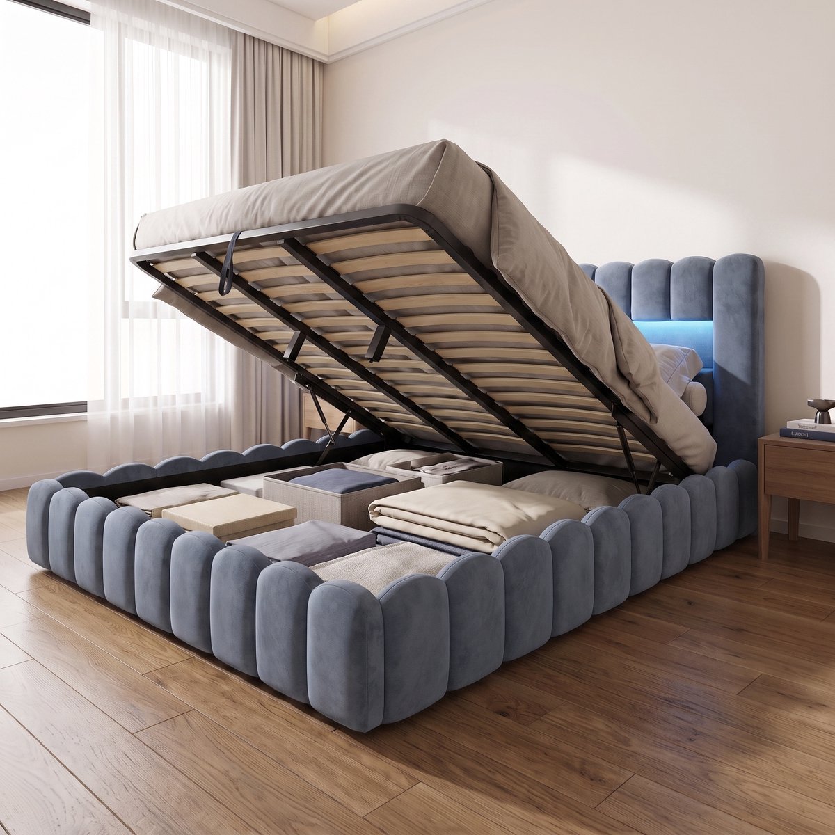 Gestoffeerd Opbergbed 180x200 cm - Tweepersoonsbed met LED en USB - Hydraulische opbergruimte - Fluwelen bed met lattenbodem - Grijs