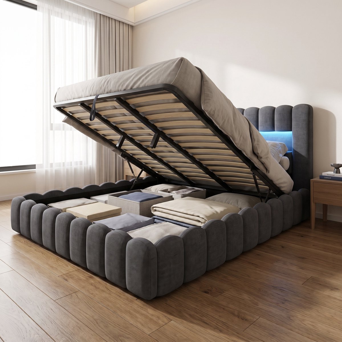 Gestoffeerd Opbergbed 140x200 cm - Tweepersoonsbed met LED en USB - Hydraulische opbergruimte - Linnen - Modern - Donkergrijs