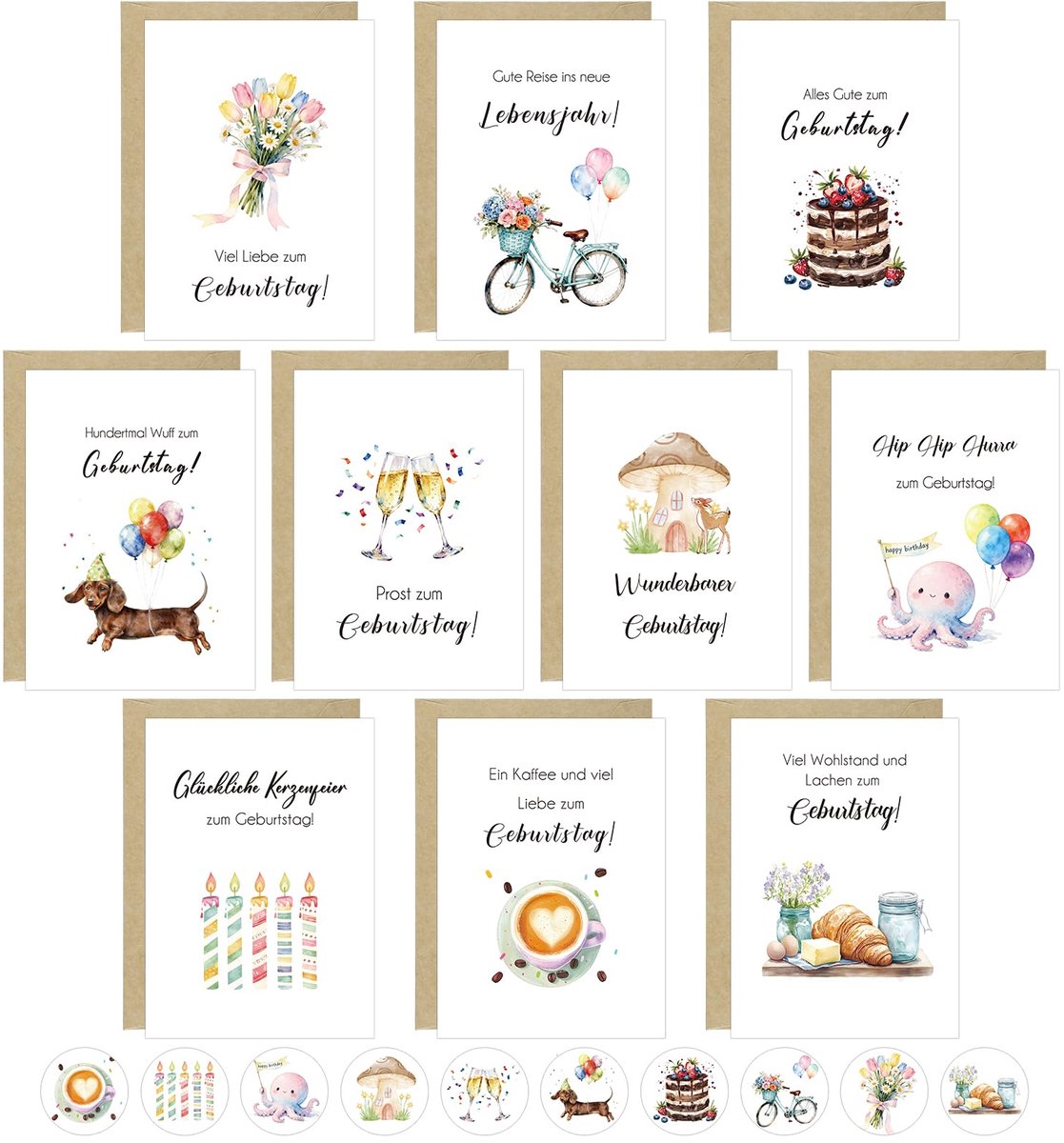 SnelShoppen - 10 Verjaardagskaarten A6 Set met Enveloppen en Stickers, Wenskaarten voor Verjaardag, Happy Birthday Kaarten voor Mannen, Vrouwen en Kin