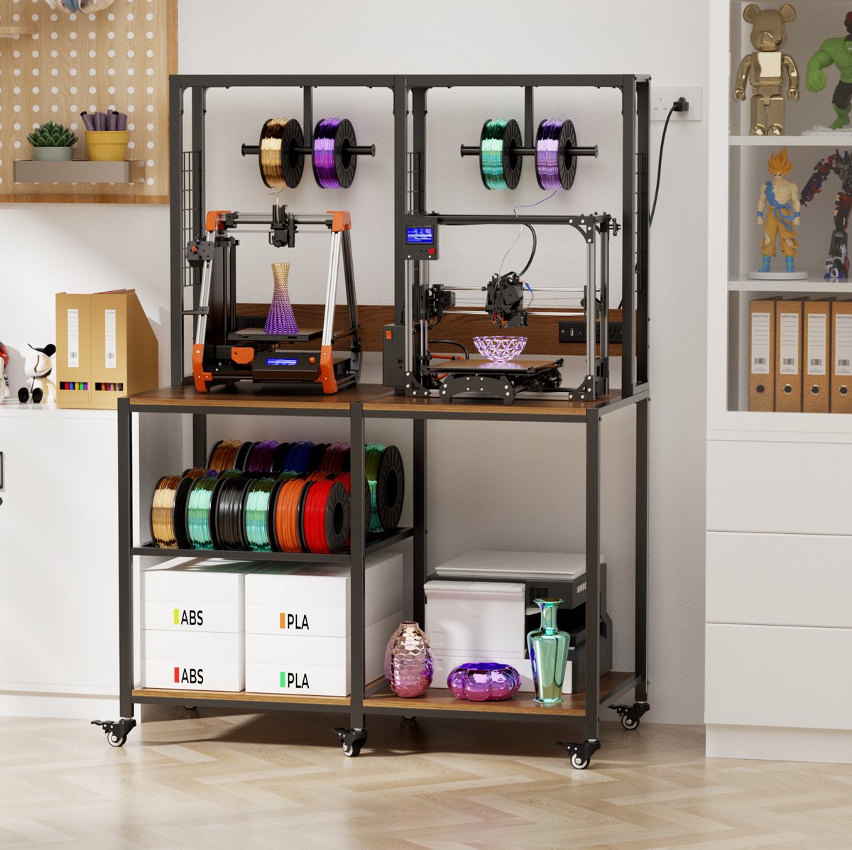 MIVRAY 3D-Printertafel - Voor 2 3D-Printers - 119,9 x 59,9 x 160 cm - Metaal - Zwart - Met Filamentopslag en Vergrendelbare Wielen