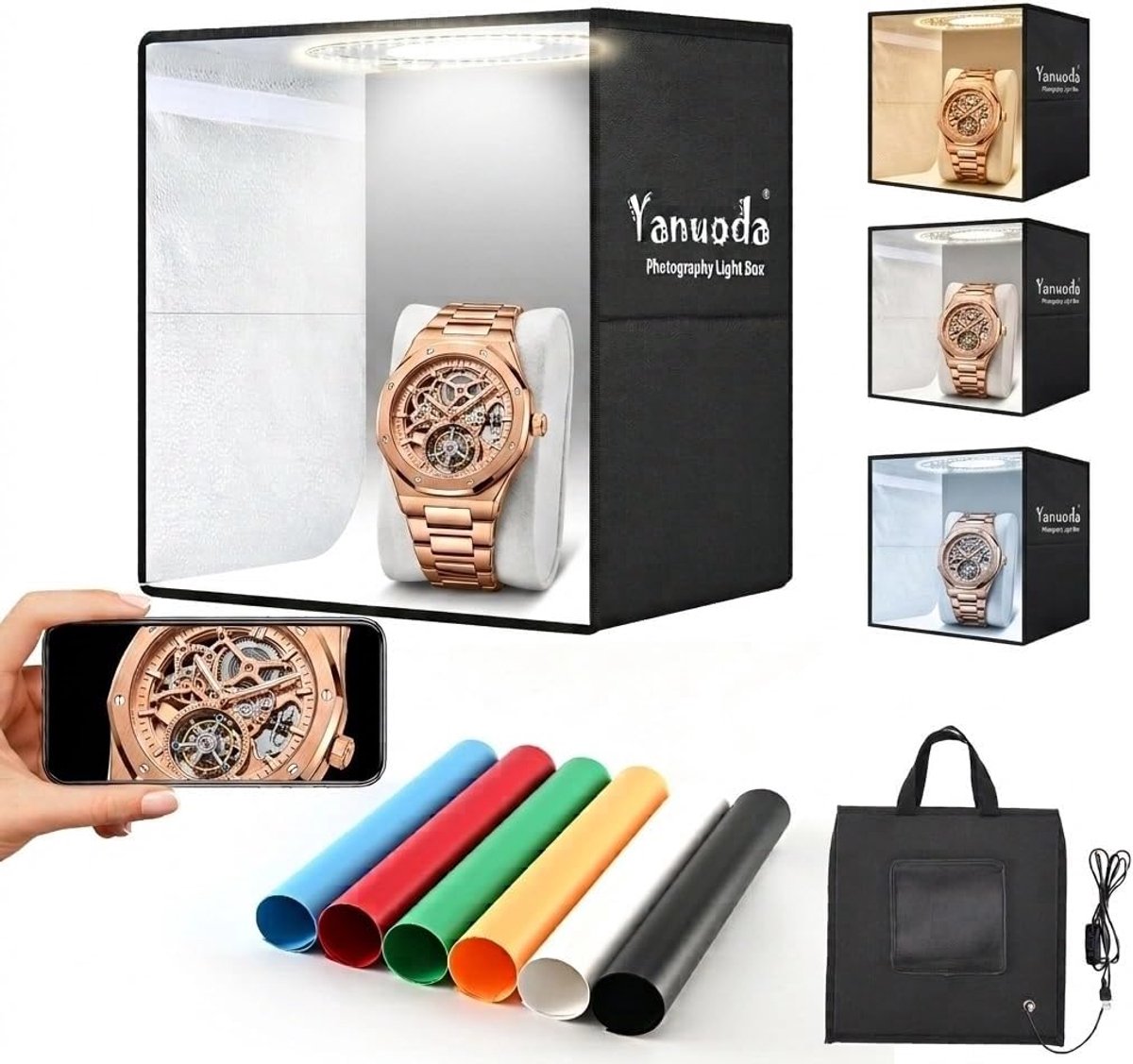 SnelShoppen - Portable Light Box Fotostudio Kit 30x30cm met 120 LEDs, Dimbare Verlichting, 6 PVC Achtergronden en Top-Down Fototent voor Sieraden en P