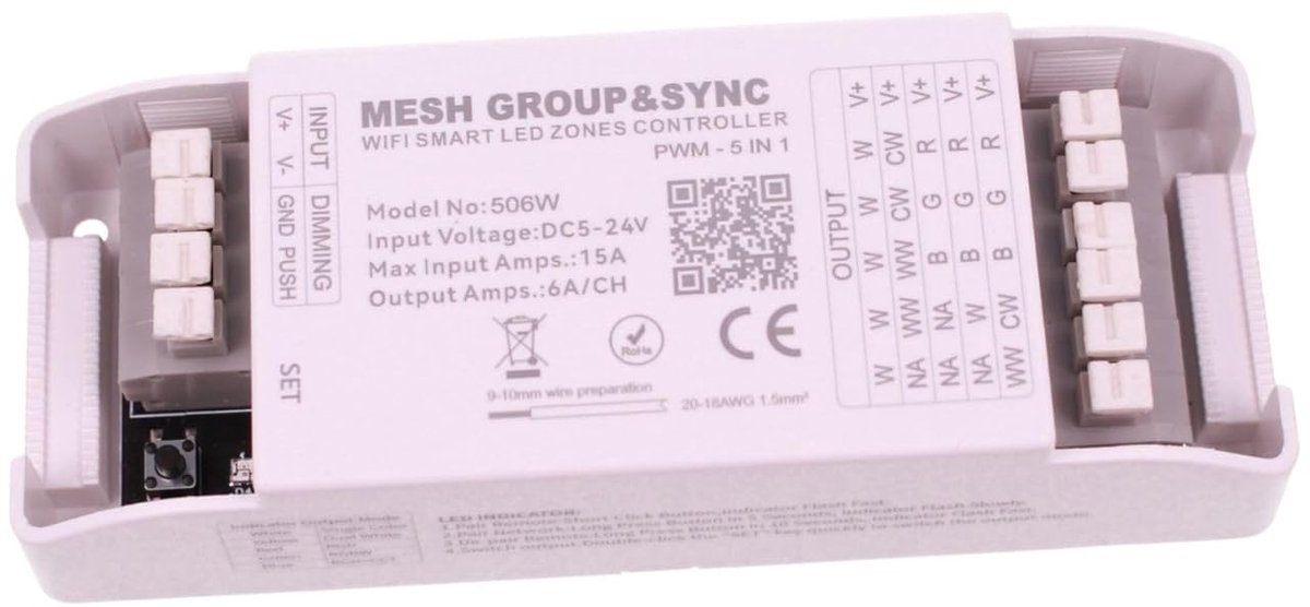 SnelShoppen - LED Dimmer Push WIFI RF 2.4G 5 in 1 voor Monochrome LED-strips, CCT, RGB, RGBW en RGBCCT - Dimbare Verlichting tot 360W, 15A Max