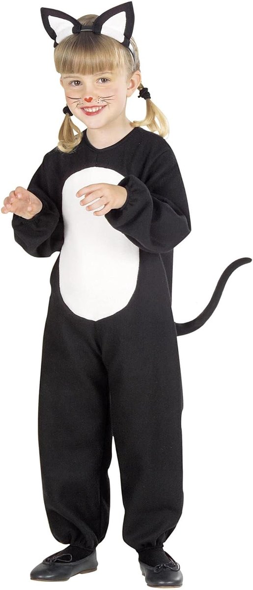 SnelShoppen - Kindercostuum Kat - Schattig Dierenkostuum met Jumpsuit en Oorkap voor Carnaval, Themafeesten en Dieren Evenementen - Maat 104 cm - Zwar