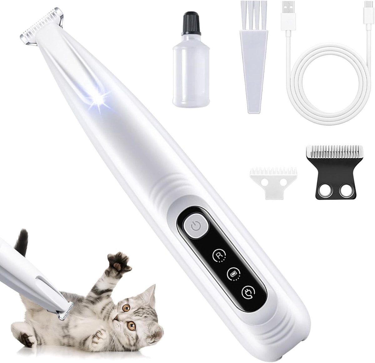 Draadloze en waterdichte honden- en kattenhaartrimmer met LED-lamp, ideaal voor gezicht, oren, ogen en poten