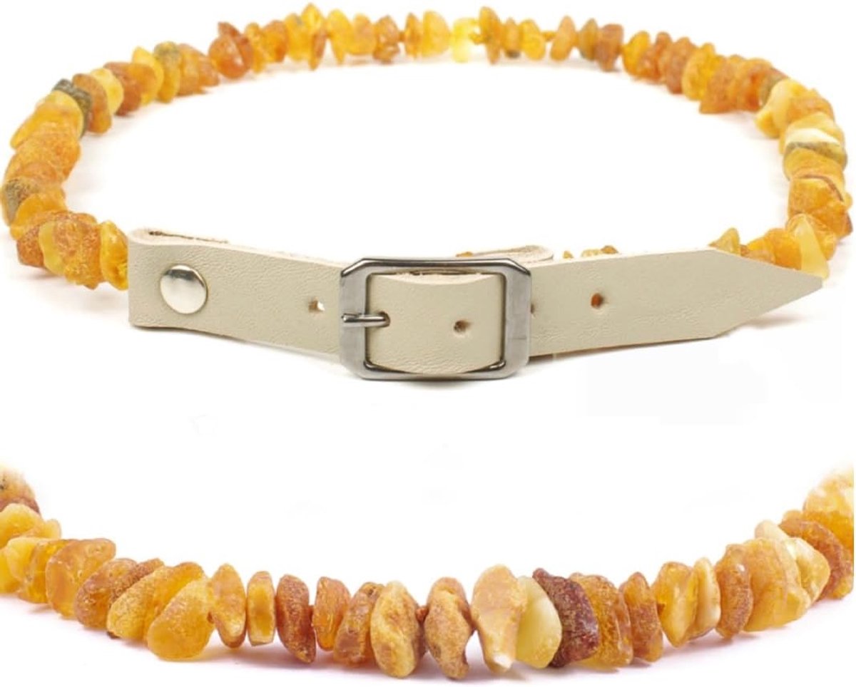 SnelShoppen - Amber Halsband voor Hond en Kat, Verstelbaar Leren Bandje, Unieke Kijkers, Lichtgewicht, Trendy, Grijs 55-60 cm, Natuurlijke Stenen