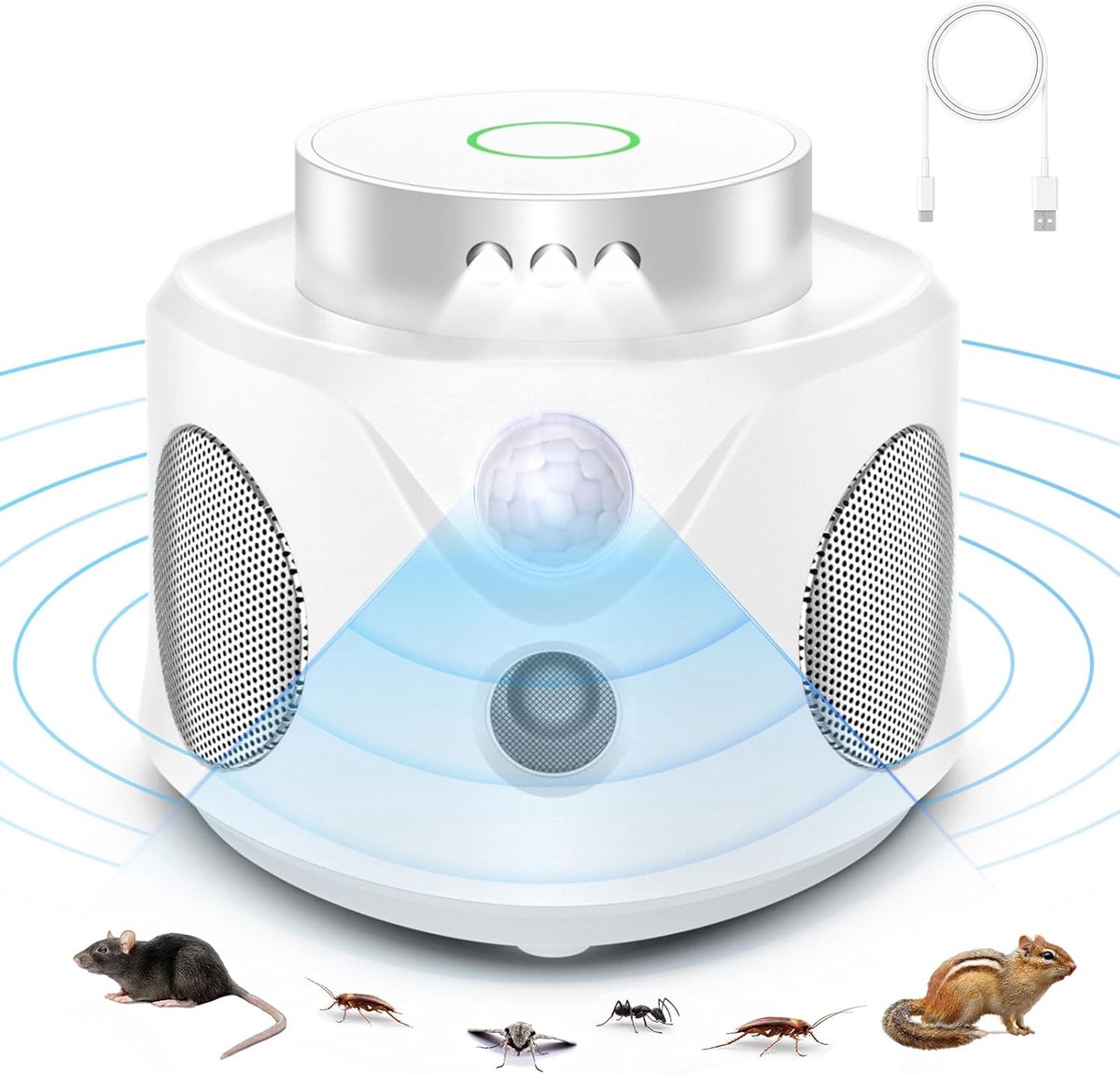 SnelShoppen - Ultrasone Muisbestrijding, Ultrasonic Muisafschrikker met 360° LED Licht, Effectieve Ongediertebestrijding voor Huis en Tuin