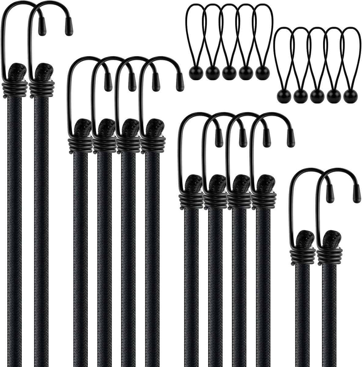 SnelShoppen - Set van 12 Stretch Rubber Straps met Haken in 4 Lengtes - Waterdichte Tarpaulin met Sterke Elastische Spanners - Luggage Tensioners voor