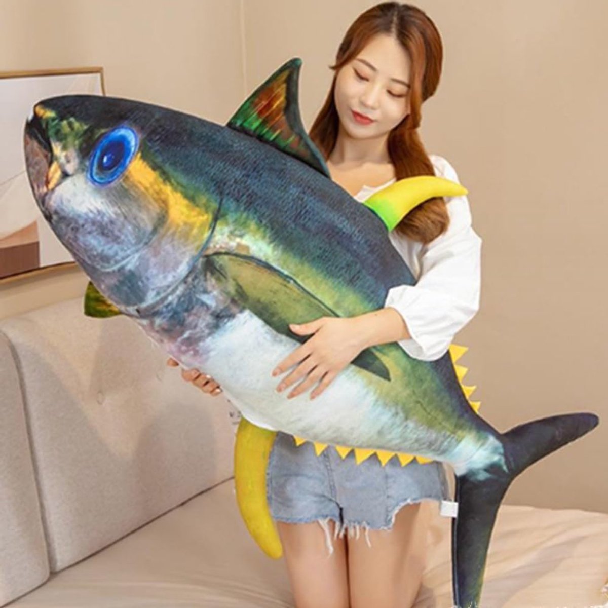 SnelShoppen - OUKEYI Zachte Vissen Kussen - Tuna Pluche Knuffel, Throw Pillow voor Thuisdecoratie, Kids Kussen, Stuffed Animal 60cm, Perfect voor Fees