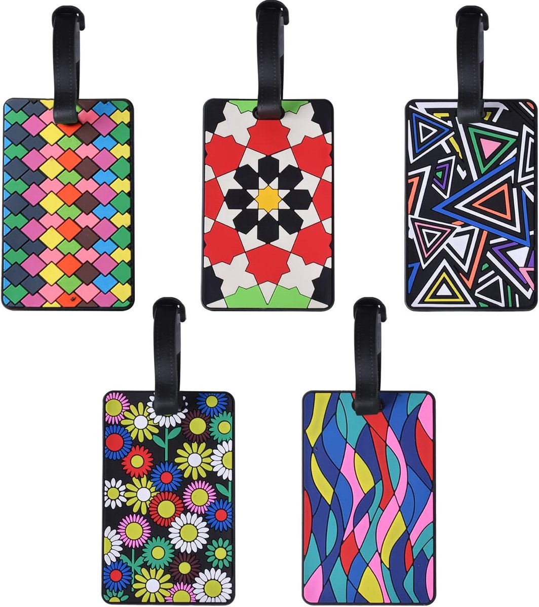 SnelShoppen - Luggage Trailers, Kofferhangers, Reisaccessoires, Set van 5 Kleurrijke Geometrische Luggage Tags met Naamlabel, Waterdicht en Duurzaam v