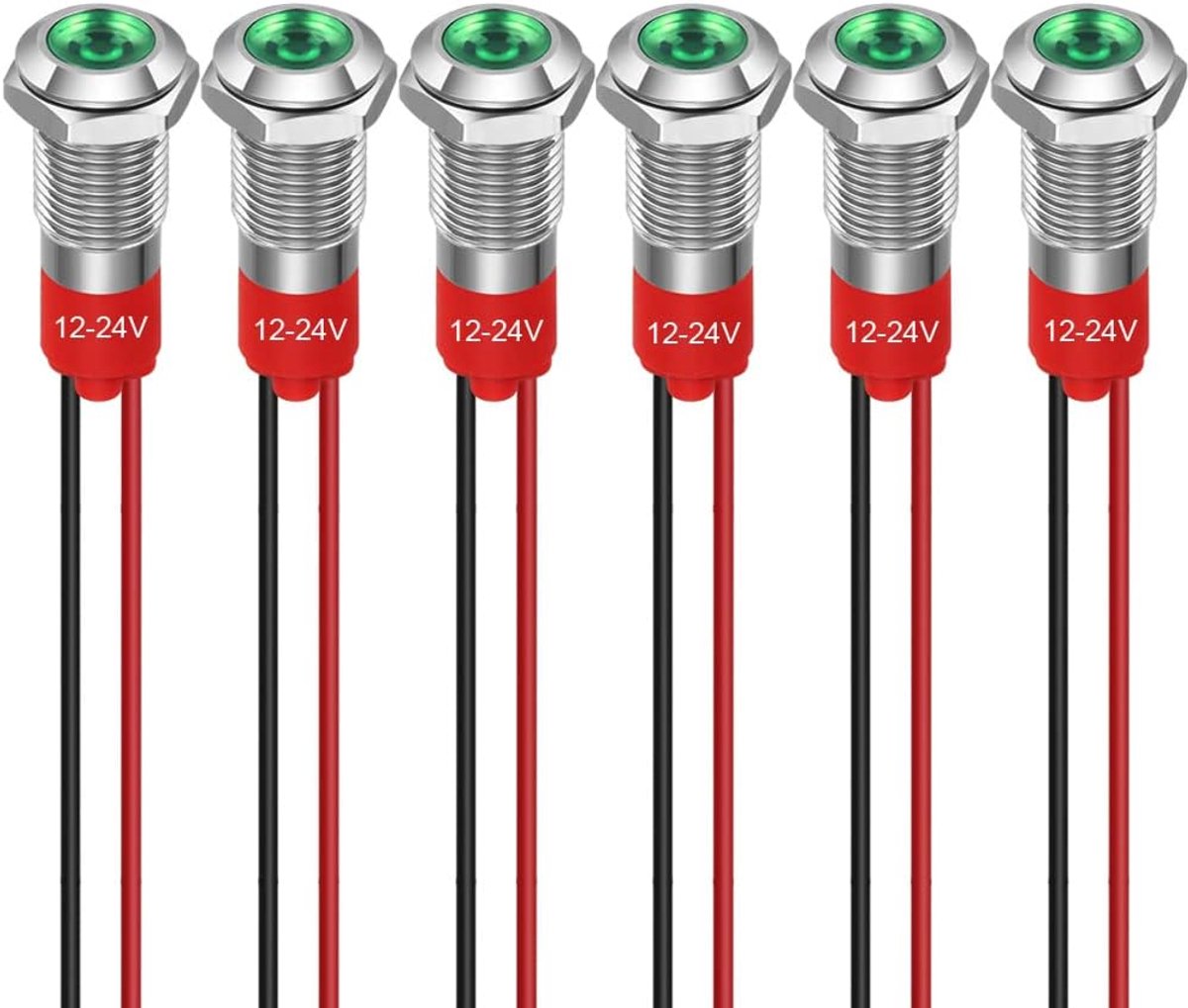 SnelShoppen - 8mm LED Indicator Light 12-24V Waterproof Signaallicht Metaal Paneelmontage Plat Hoofd met Draden Zilver Groen 6PCS