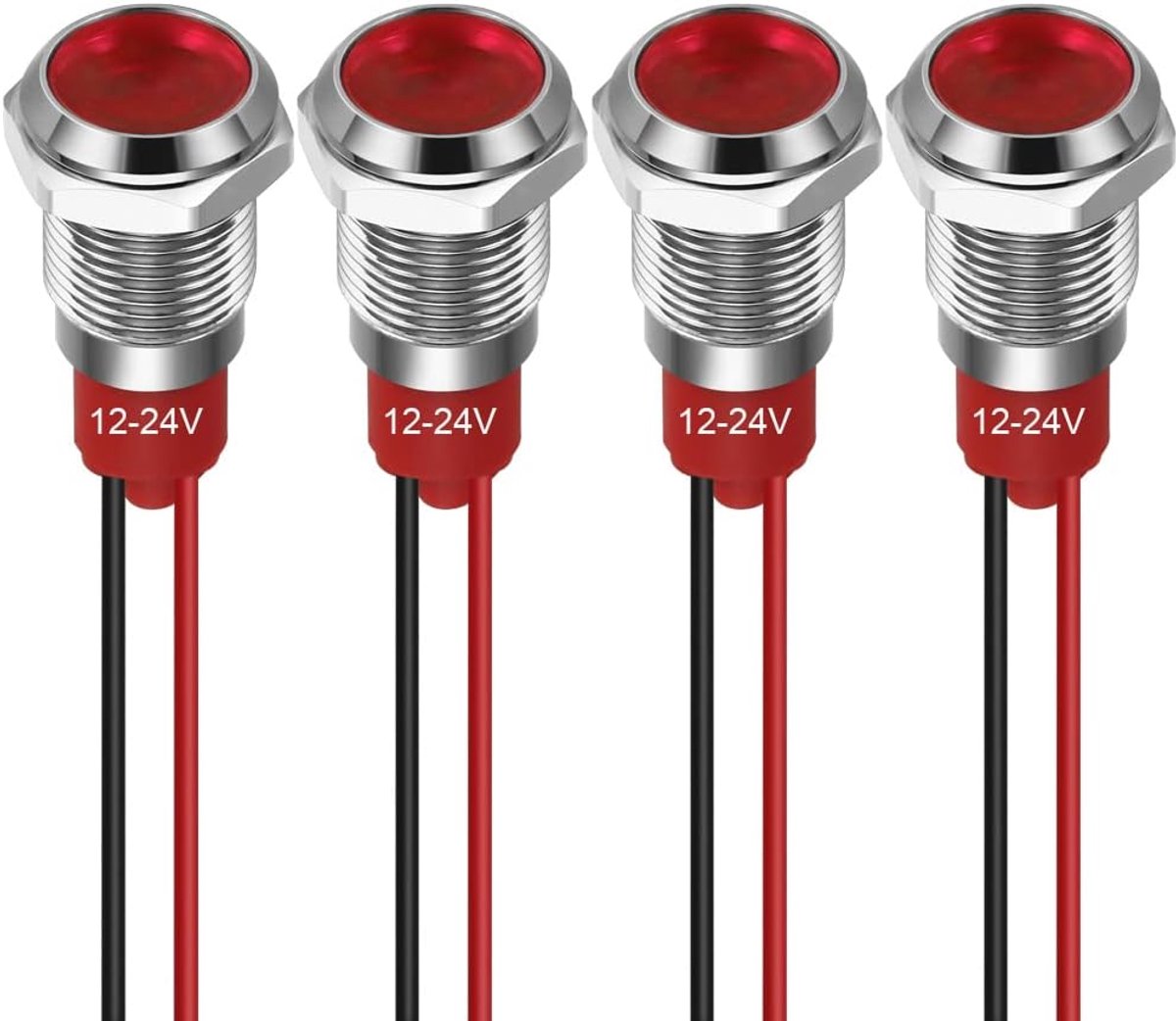 SnelShoppen - 10mm LED Indicator Light 12-24V Waterproof Signaallicht Metaal Paneelmontage Plat Hoofd met Draden Zilver (Rood, 4 stuks)