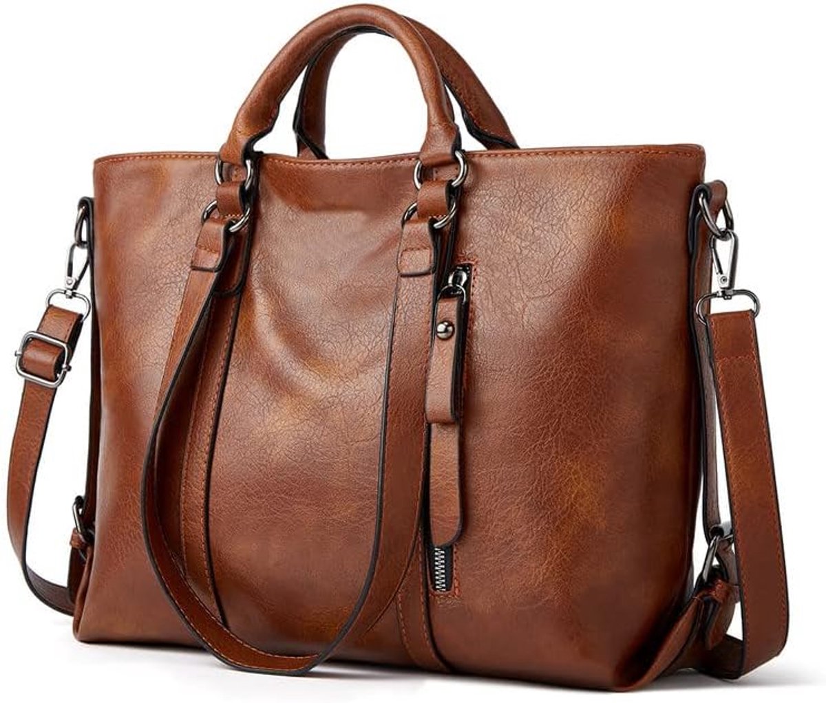 SnelShoppen - Vintage Crossbody Handbag voor Dames - PU Leren Schoudertas - Luxe en Waterdicht - Grote Handtas in Bruin - Perfect voor Feest, Werk en