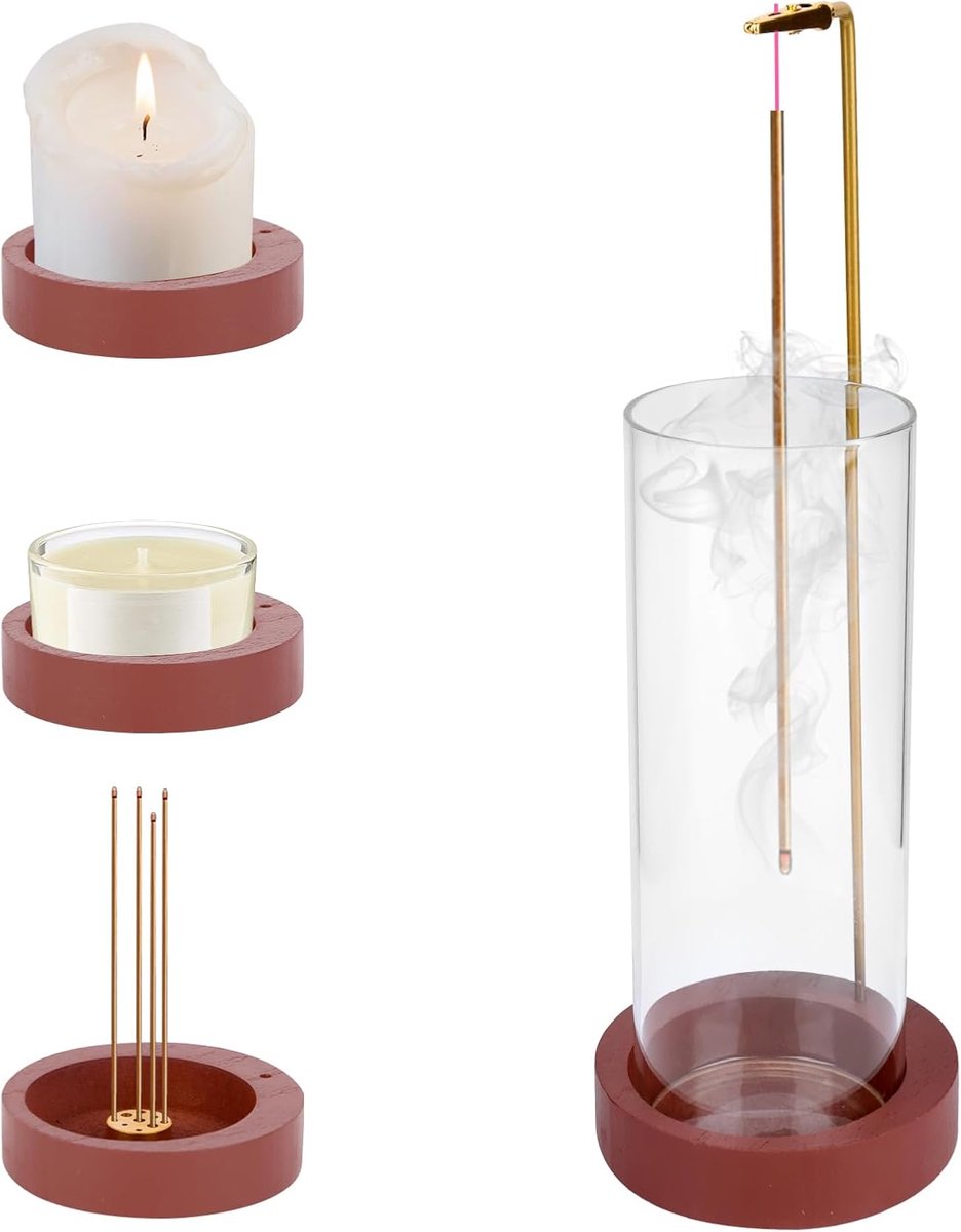 SnelShoppen - Houten Wierookhouder voor Wierookstokjes, Glazen Asbak voor Slaapkamer, Yoga, Meditatie, Huisdecoratie, Praktisch Ontwerp, Transparant,